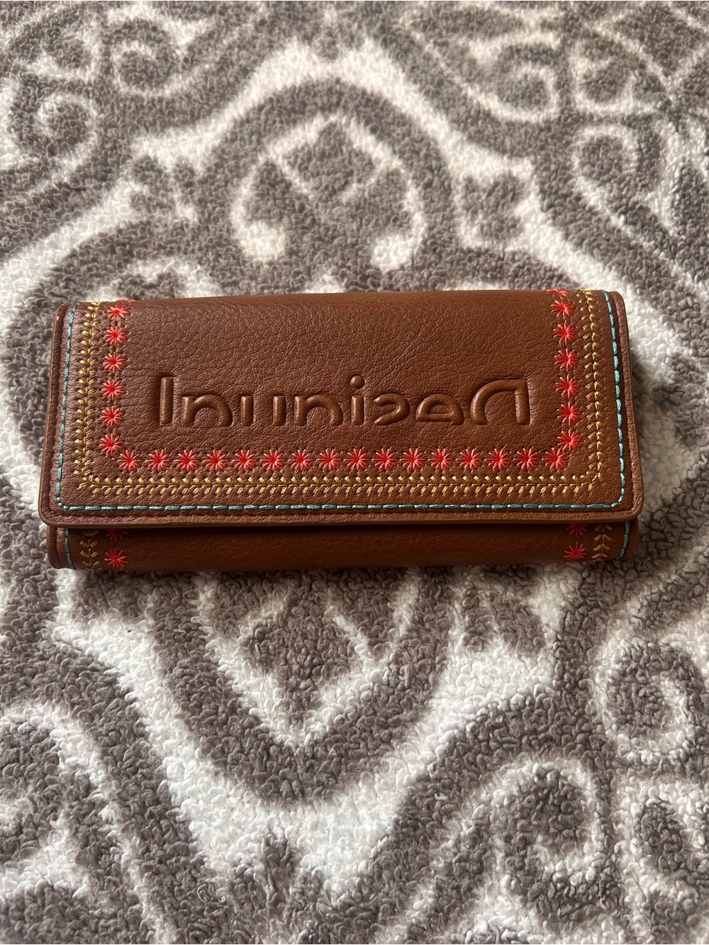 Desigual Brown Leather Wallet with Red and Teal Embroidery